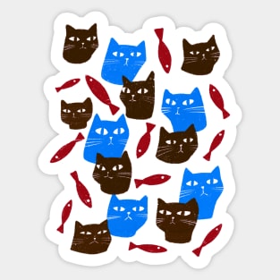 Blue and brown cats with red fish Sticker